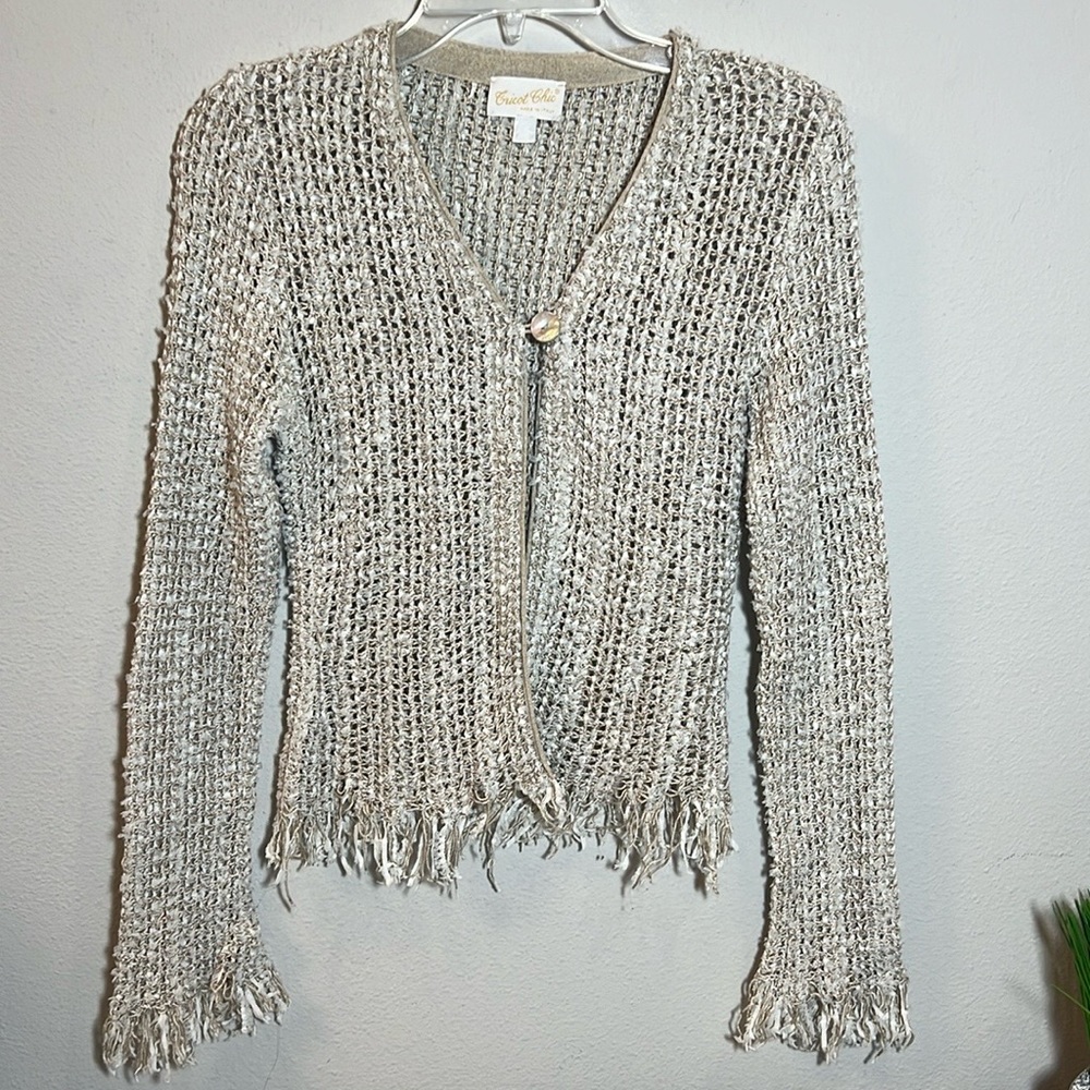 Tricot Chic Italy Vintage Crochet Knit Distressed Cardigan Sweater Blouse XS